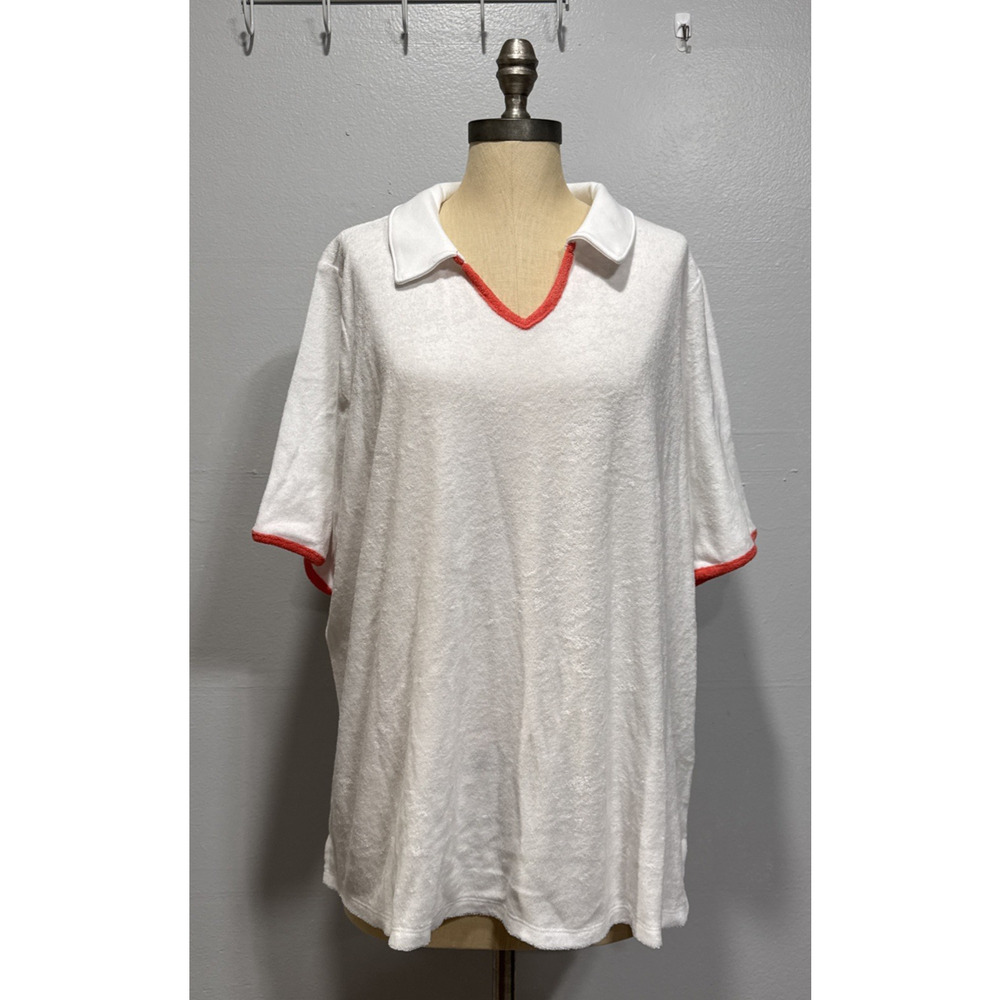 Denim & Co Beach Terry Cloth Knit Polo Contrast Trim Size 1X White A602904 Pool